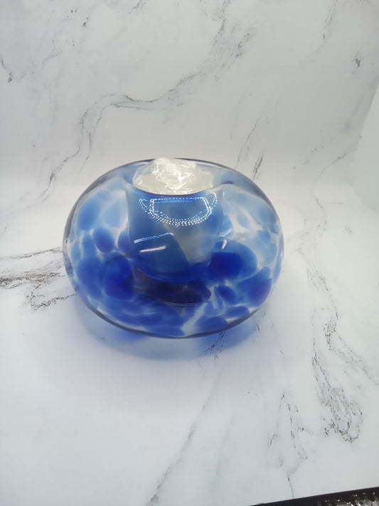 Hand Blown Cobalt Blue Clear Art Glass Tealight Votive Candle Holder