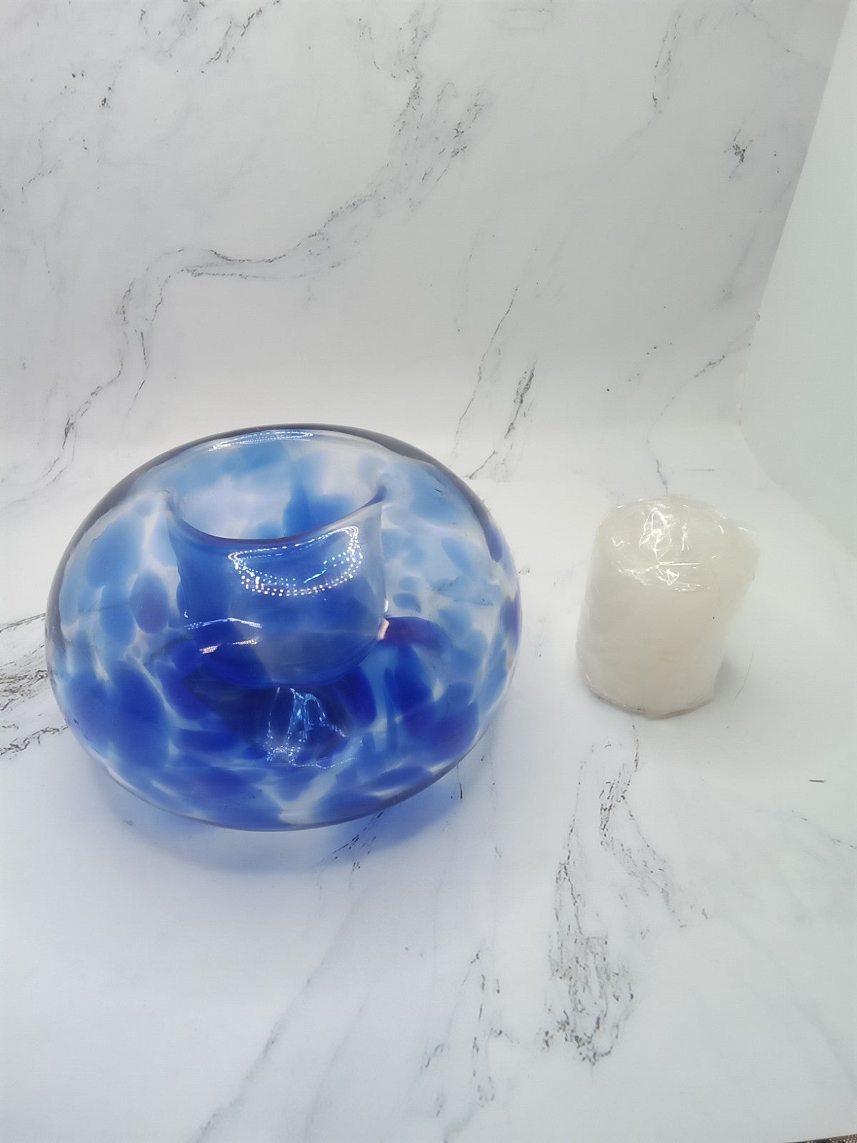 Hand Blown Cobalt Blue Clear Art Glass Tealight Votive Candle Holder
