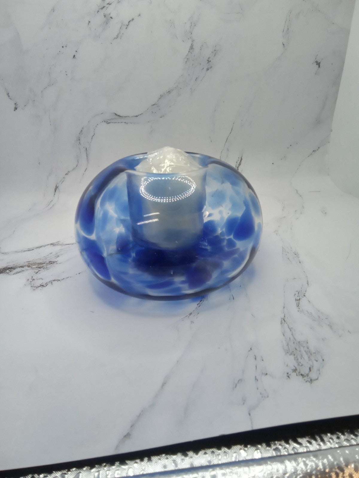 Hand Blown Cobalt Blue Clear Art Glass Tealight Votive Candle Holder