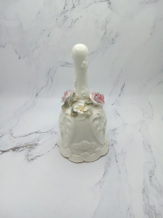 Porcelain Bell with Pink and Yellow Roses and Bouquets and Hearts Embossed