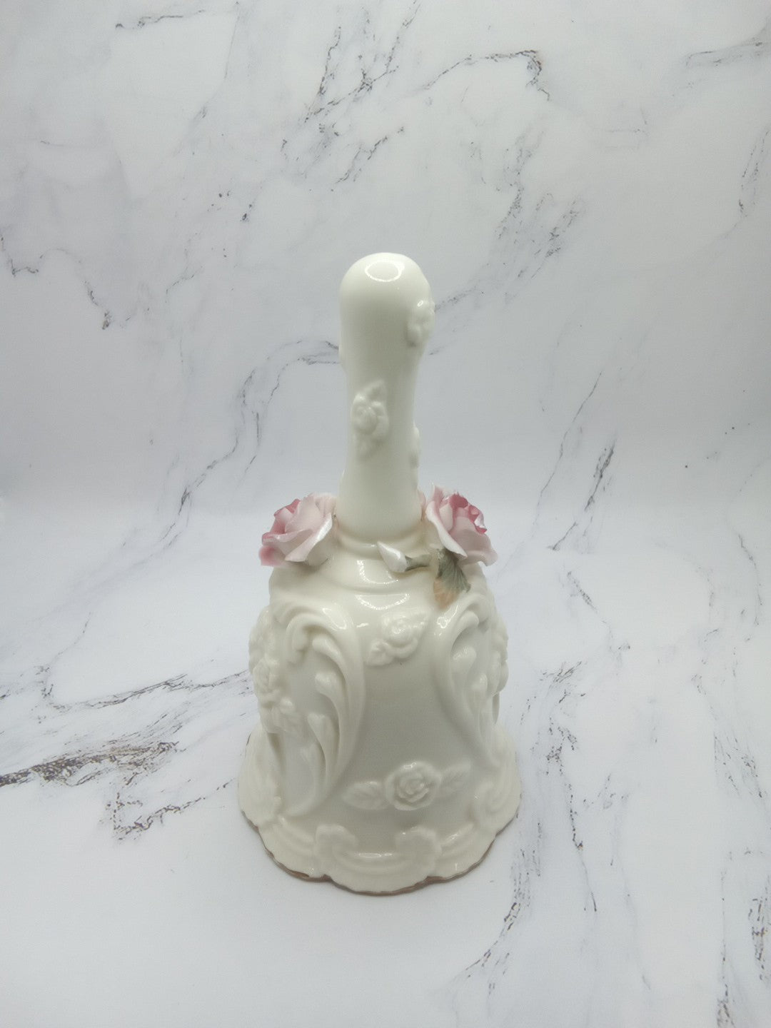 Porcelain Bell with Pink and Yellow Roses and Bouquets and Hearts Embossed