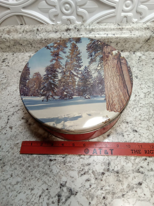 Vintage Cookie Tin Snow And Tree Scene