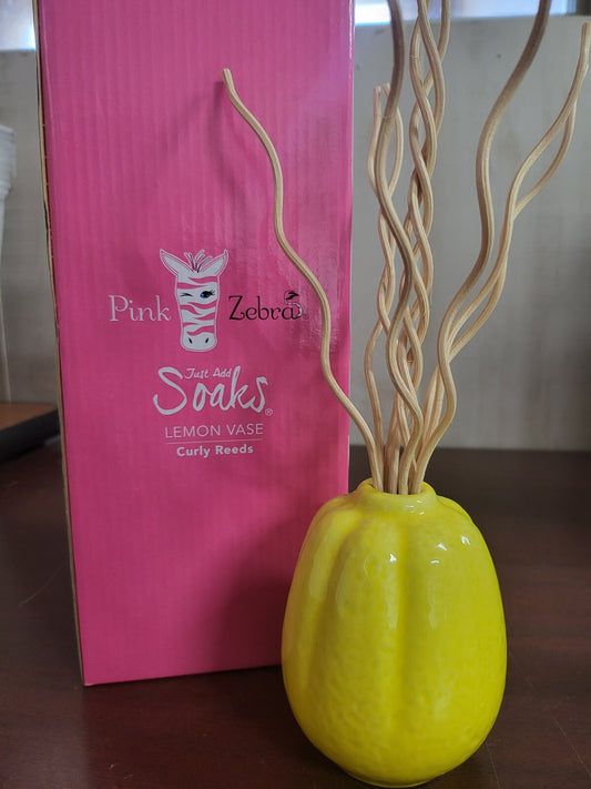 Pink Zebra Just Add Soaks Lemon Vase - Curly Reeds Vise is ~ 4 x 3.5" open Box