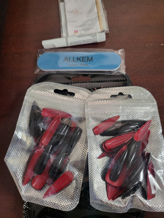 AllKem Luxury Nails Black top RED Bottom  Extra Long Stiletto Press On Nails